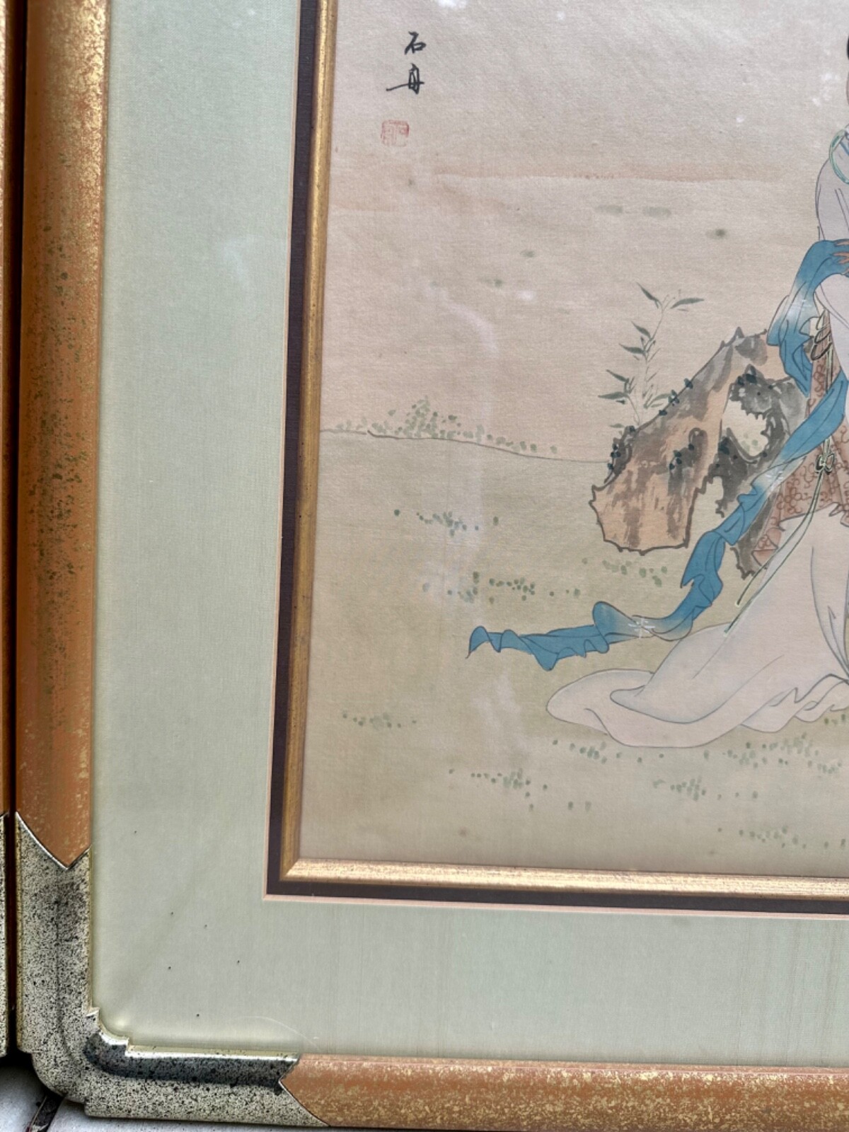 Antique Asian Pair of “Two Women in Garden” Framed Ink & Colors Silk Paintings