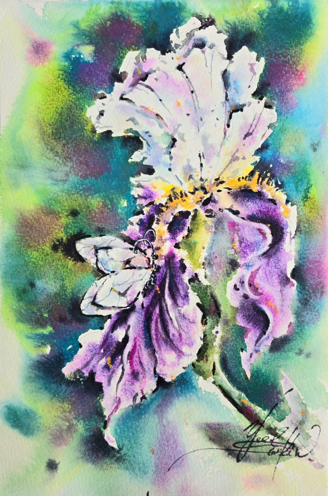 ORIGINAL watercolor painting IRIS flower artwork Butterfly art 11″ by 7.5″