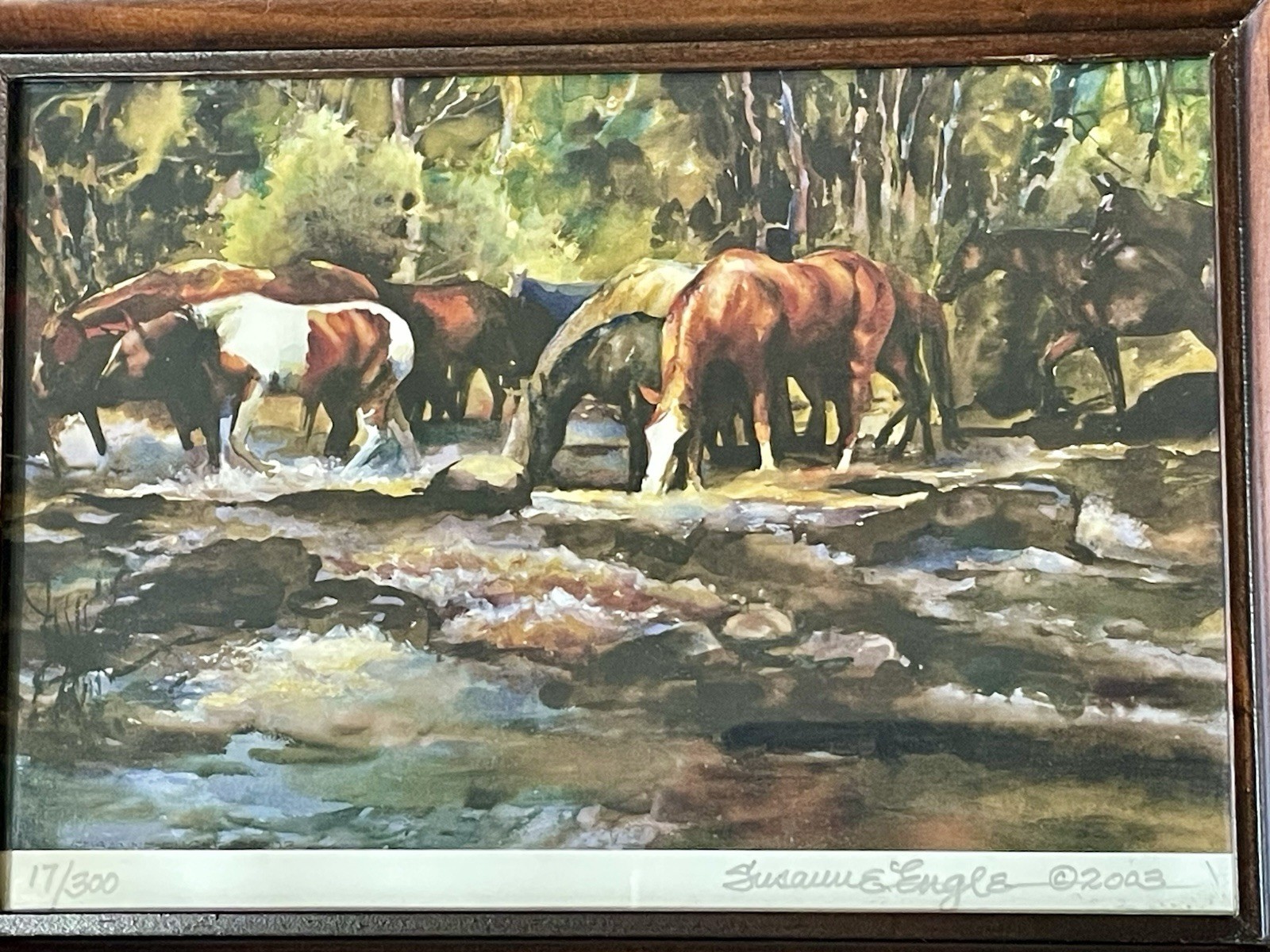 Susanne Engle Signed Horse Print Horses Crossing a Stream Watercolor Ltd Ed 9×11
