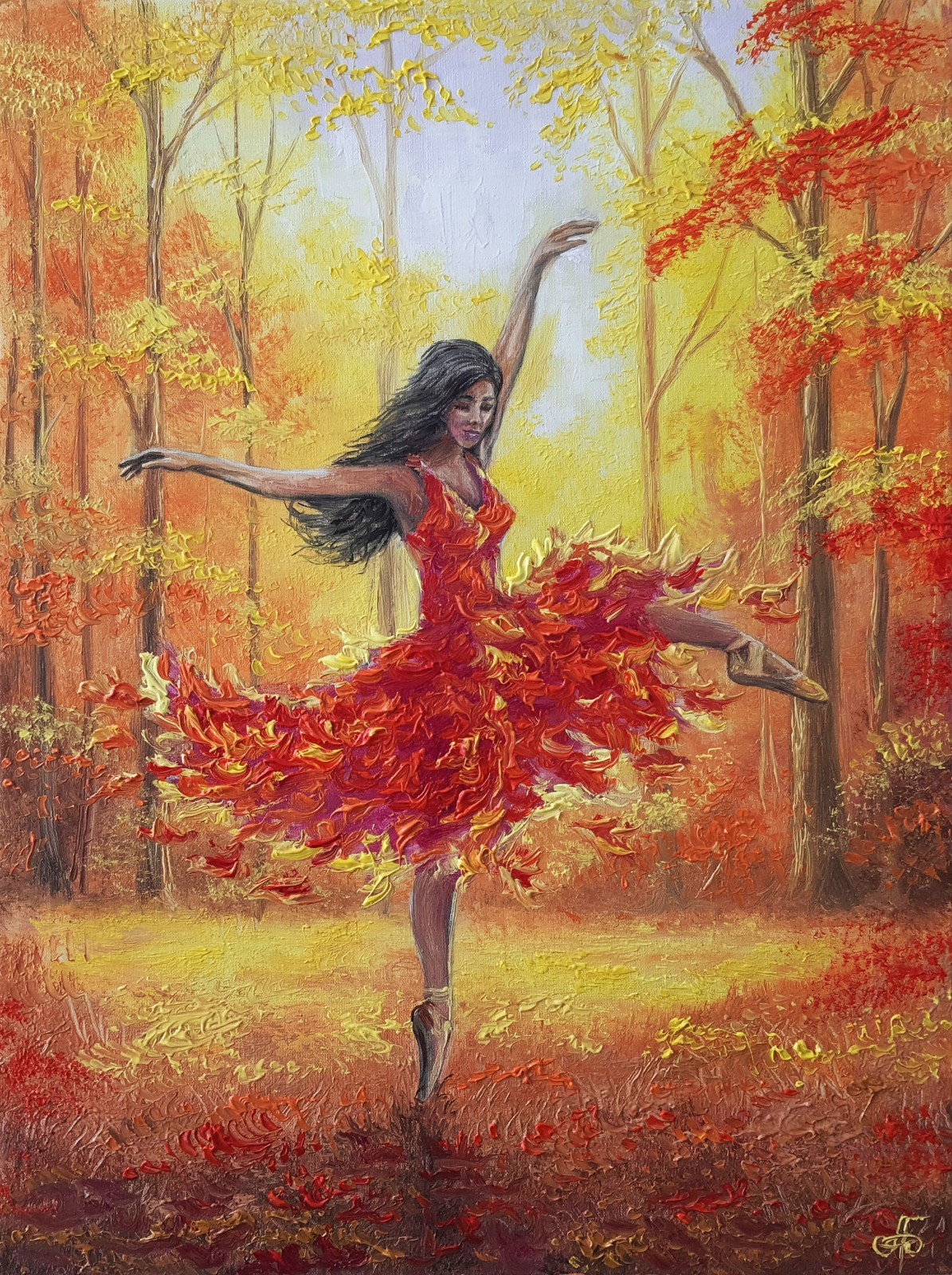 Original Oil Portrait Painting Dancing Woman Autumn Forest Leaves Canvas ArtMini