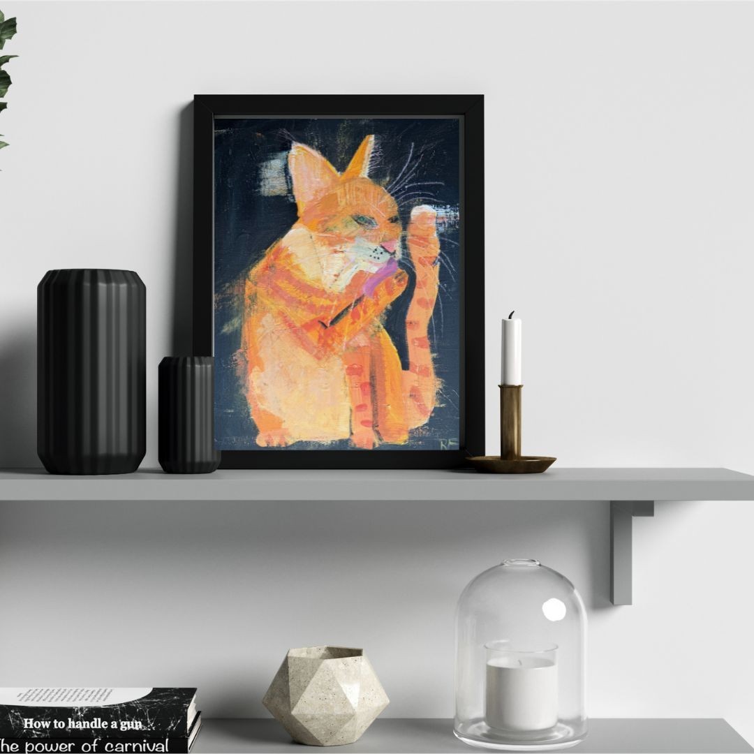 Orange Cat Painting Original Canvas 11×14 “Midnight Marmalade” Licking Paw