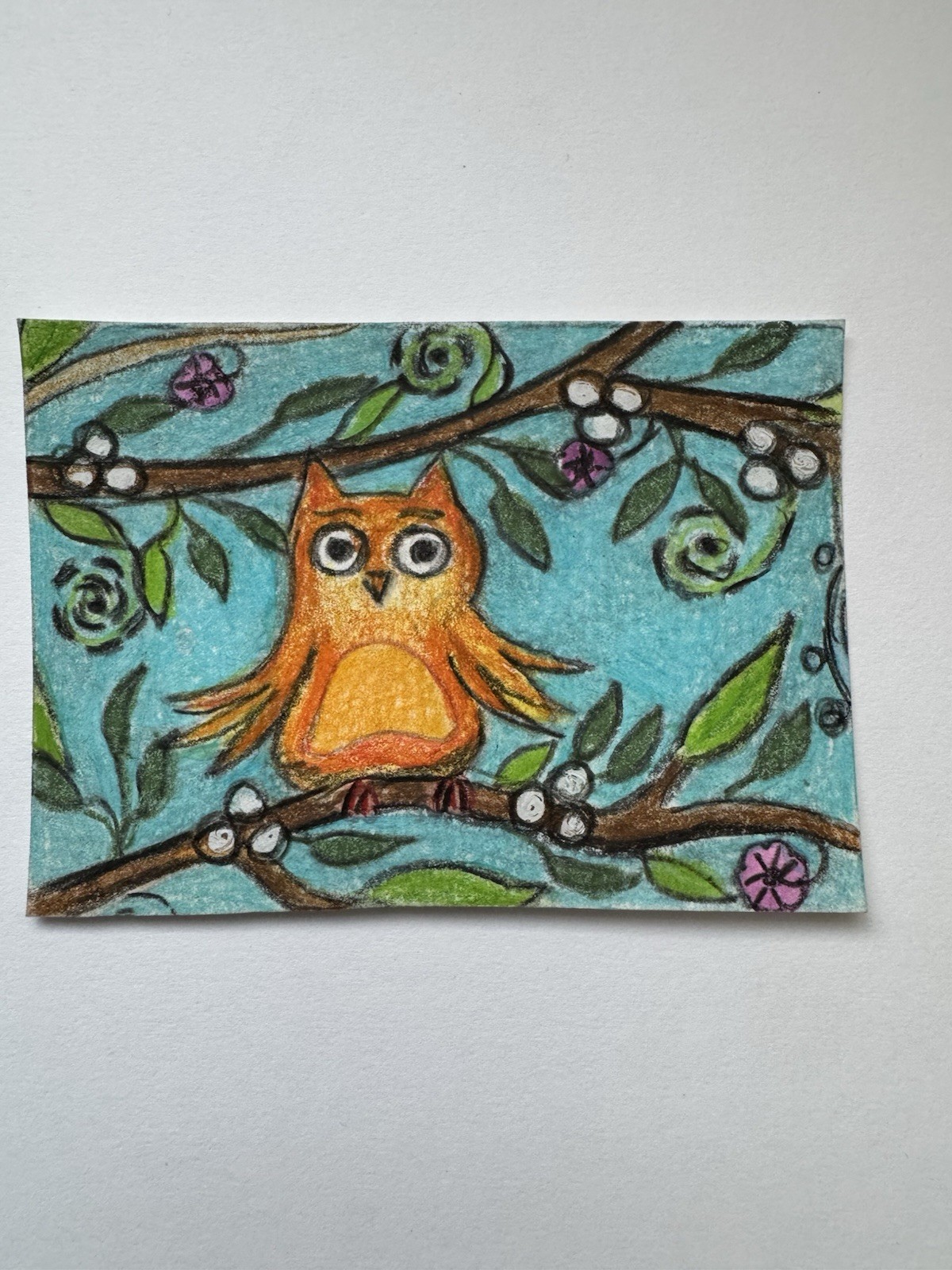 Aceo Original Art Trading Card, Orange Happy Owl , Art By Sommer Rayn