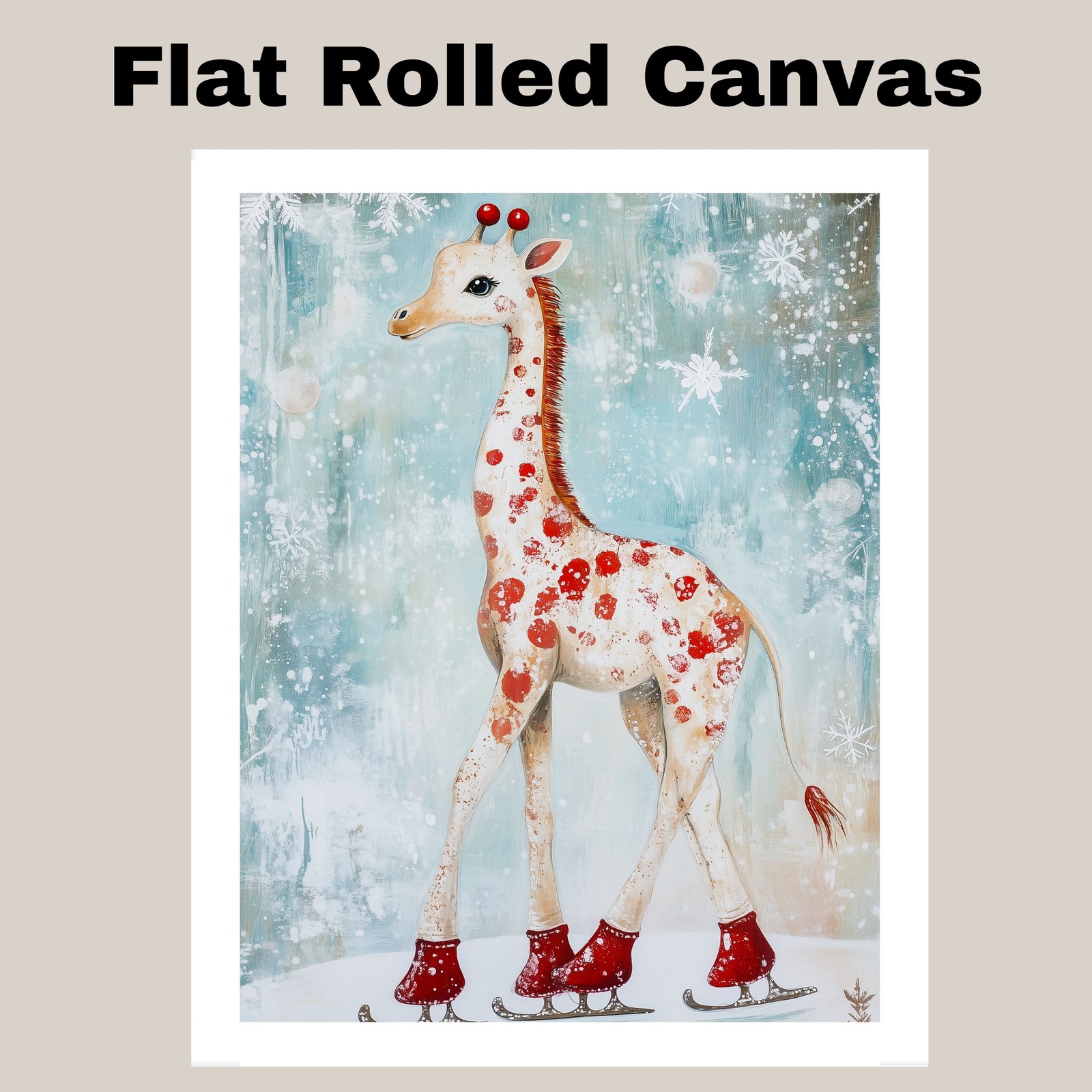 Christmas Giraffe Ice Skating Winter Art Flat Rolled, Framed Or Wrapped Canvas