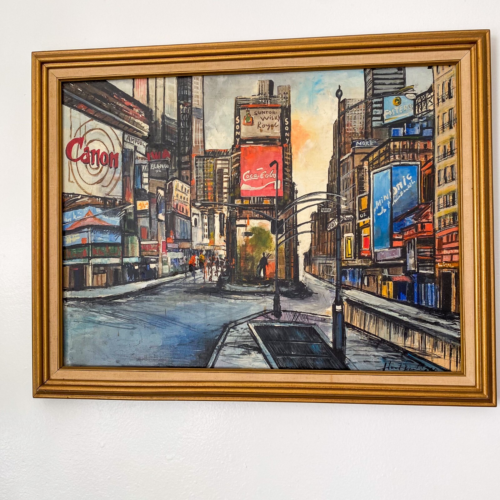 Vintage New York TIMES SQUARE Original Art Framed Painting NYC Cityscape Oil?