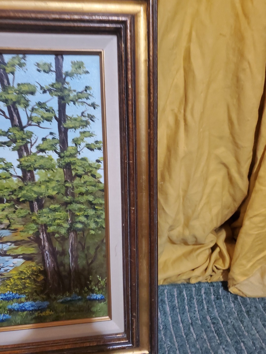 Original oil painting Vibrant!!! Blue Flowers Pond Forest Landscape SIGNED