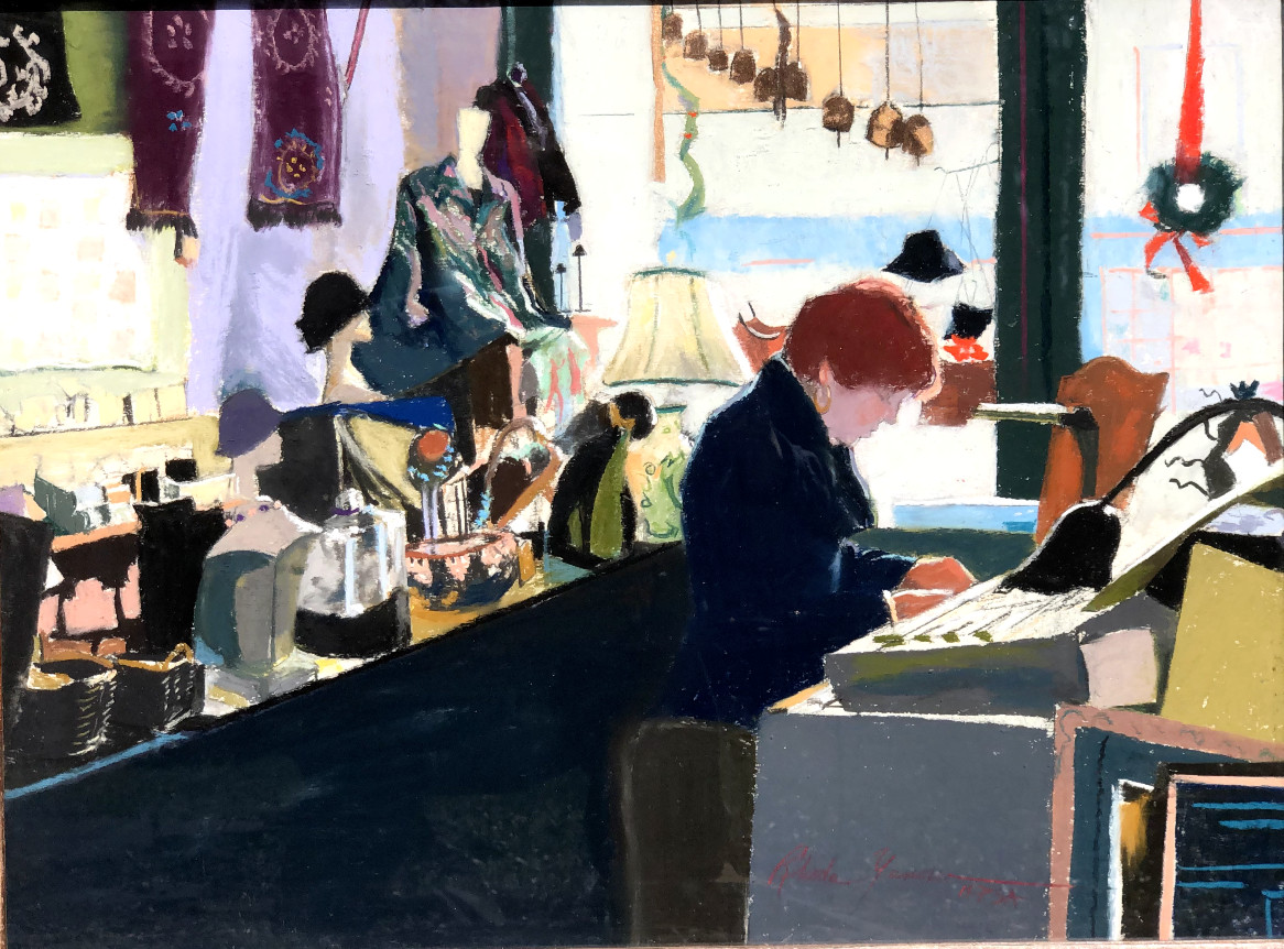 Fabulous Seamstress Shop 17 1/2 x 23 1/2 Pastel Painting-Rhoda Yanow (C.2000)