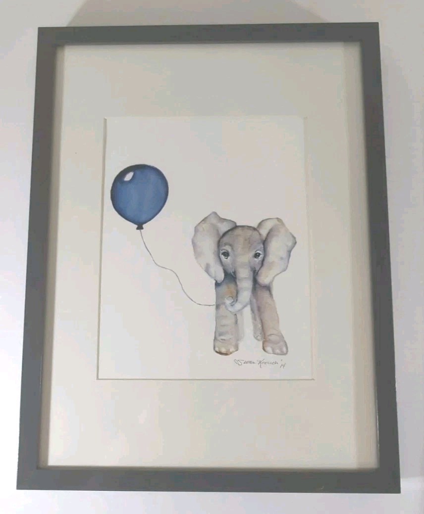 Framed Elephant & Giraffe Balloon Watercolor Prints Signed By Susan Knovich
