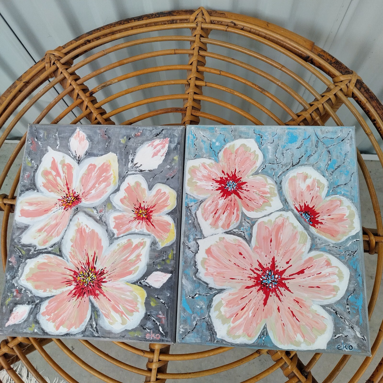 Pair Of 8 X 10 Pink And Gray Tropical Floral Paintings On Canvas