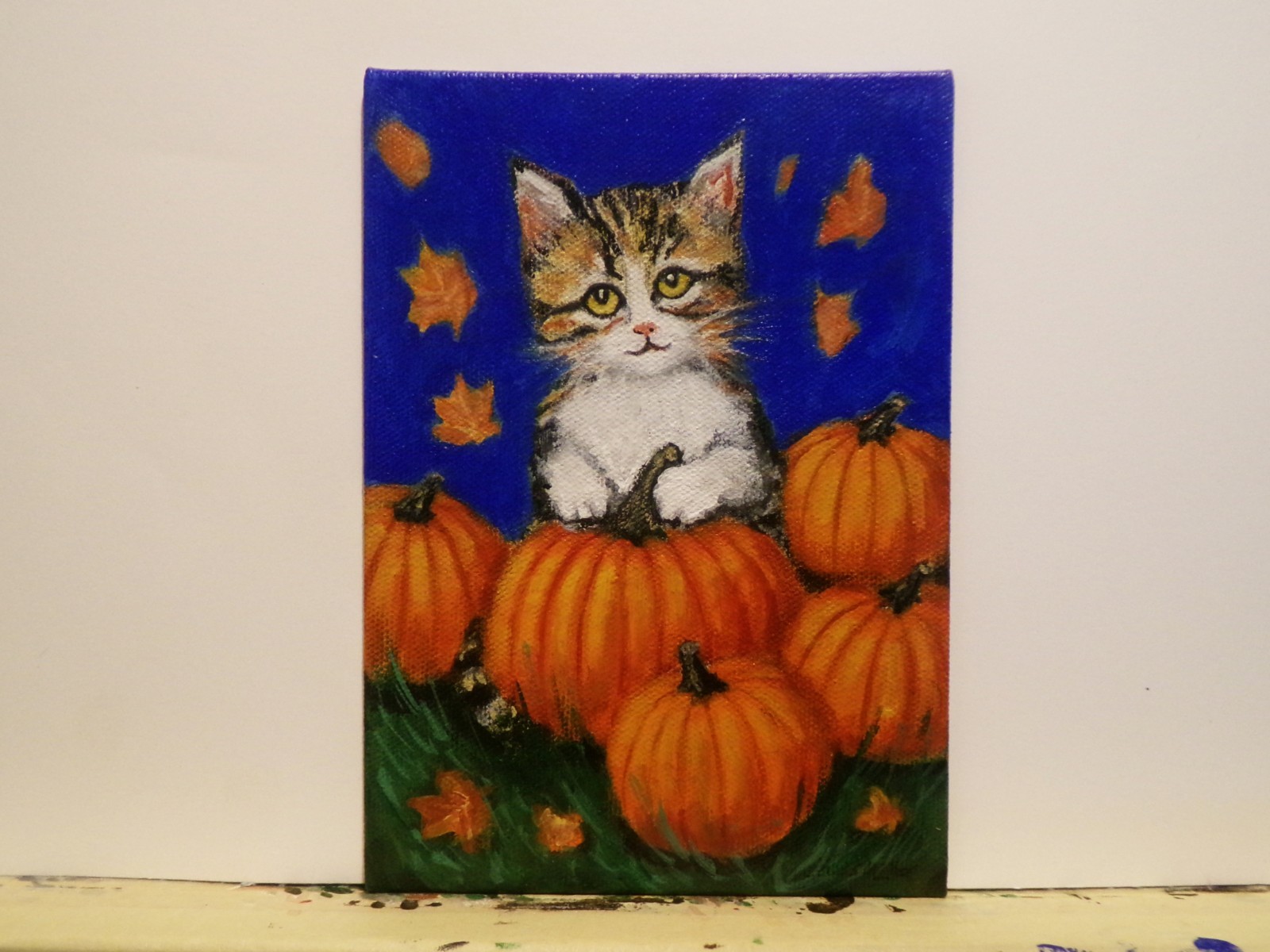 Original Cat Painting Kitten & Pumpkins 5×7 Pet Modern Wall Art Decor