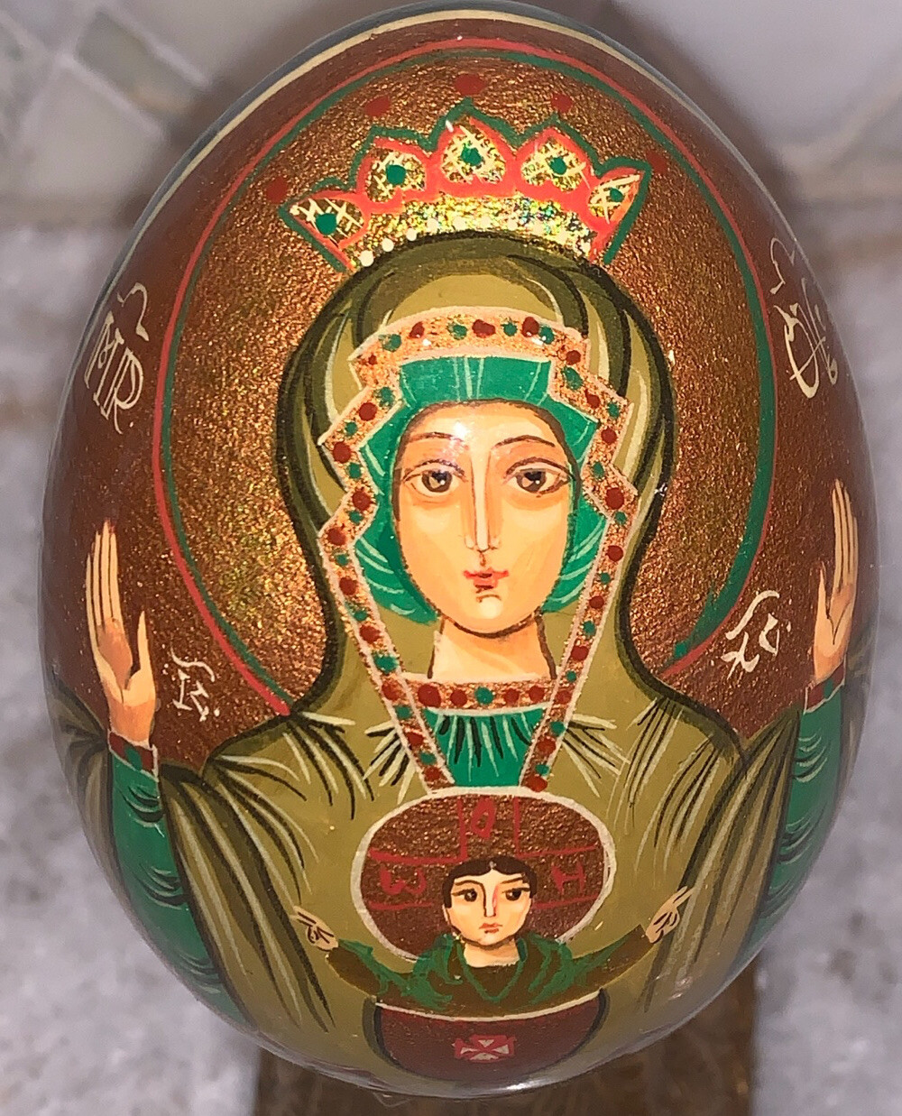 Original Russian Madonna Child Painted Egg Folk Art 3.75”T Signed Religious