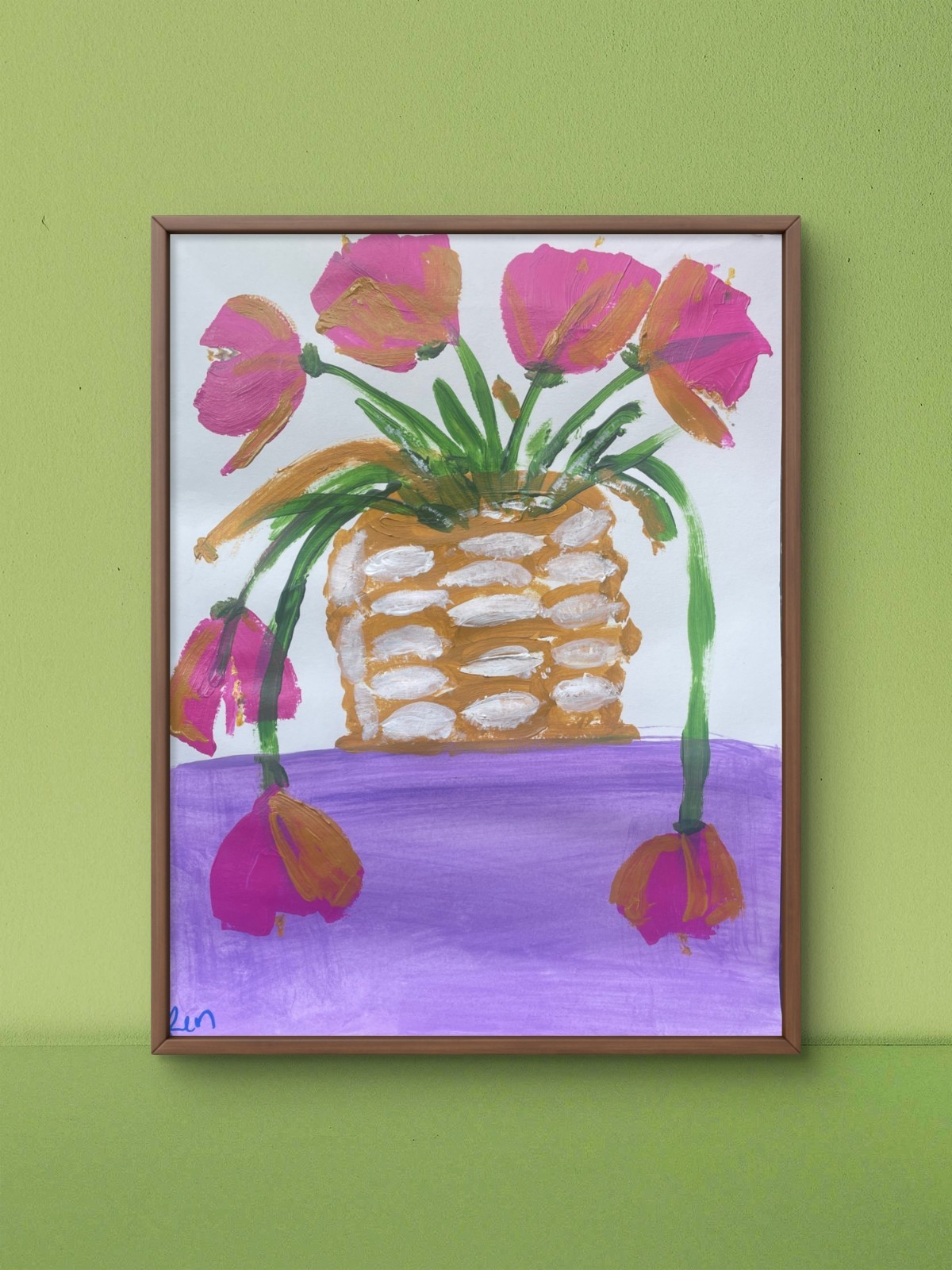 Pink Tulip Painting Floral Basket Bright Modern Decor 11×14 Paper Art