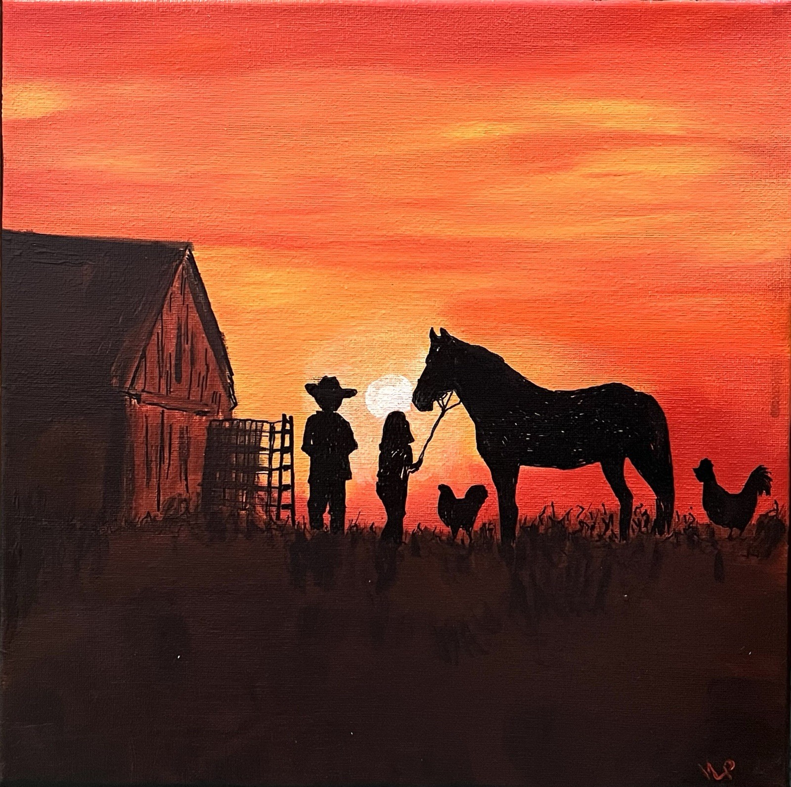 Original Cowboy Sunset Painting Acrylic Canvas Western Barn Silhouette Art 12×12