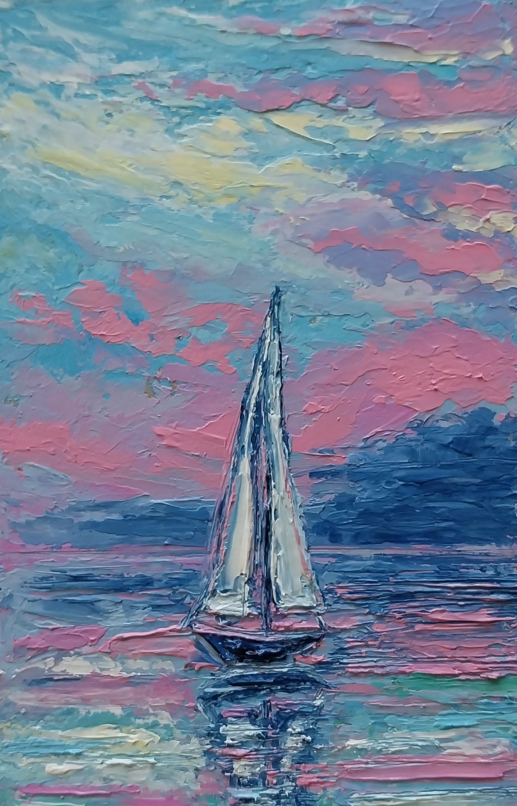Framed Sailboat Art Mini Calm Seascape Pink Sunrise 4×6” Original Oil Painting