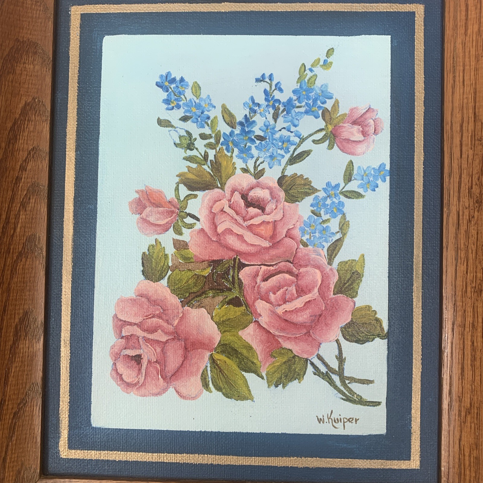 Vintage Oil Painting Roses Bouquet Canvas in Wood Frame 13 x 11 overall