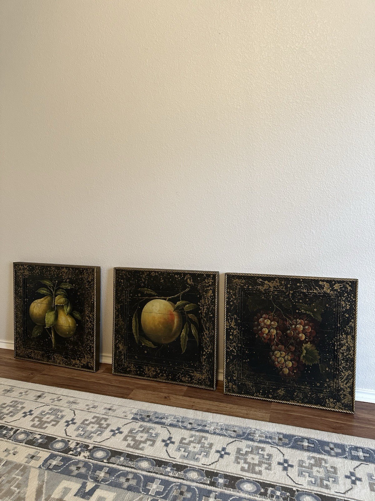 Set of 3 Hand Painted Fruit Still Life Wood Panels 24×24 Vintage Style Art