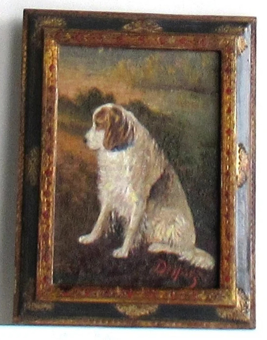 ANTIQUE VINTAGE SIGNED BEAUTIFUL FRENCH MINIATURE PAINTING PORTRAIT OF DOG
