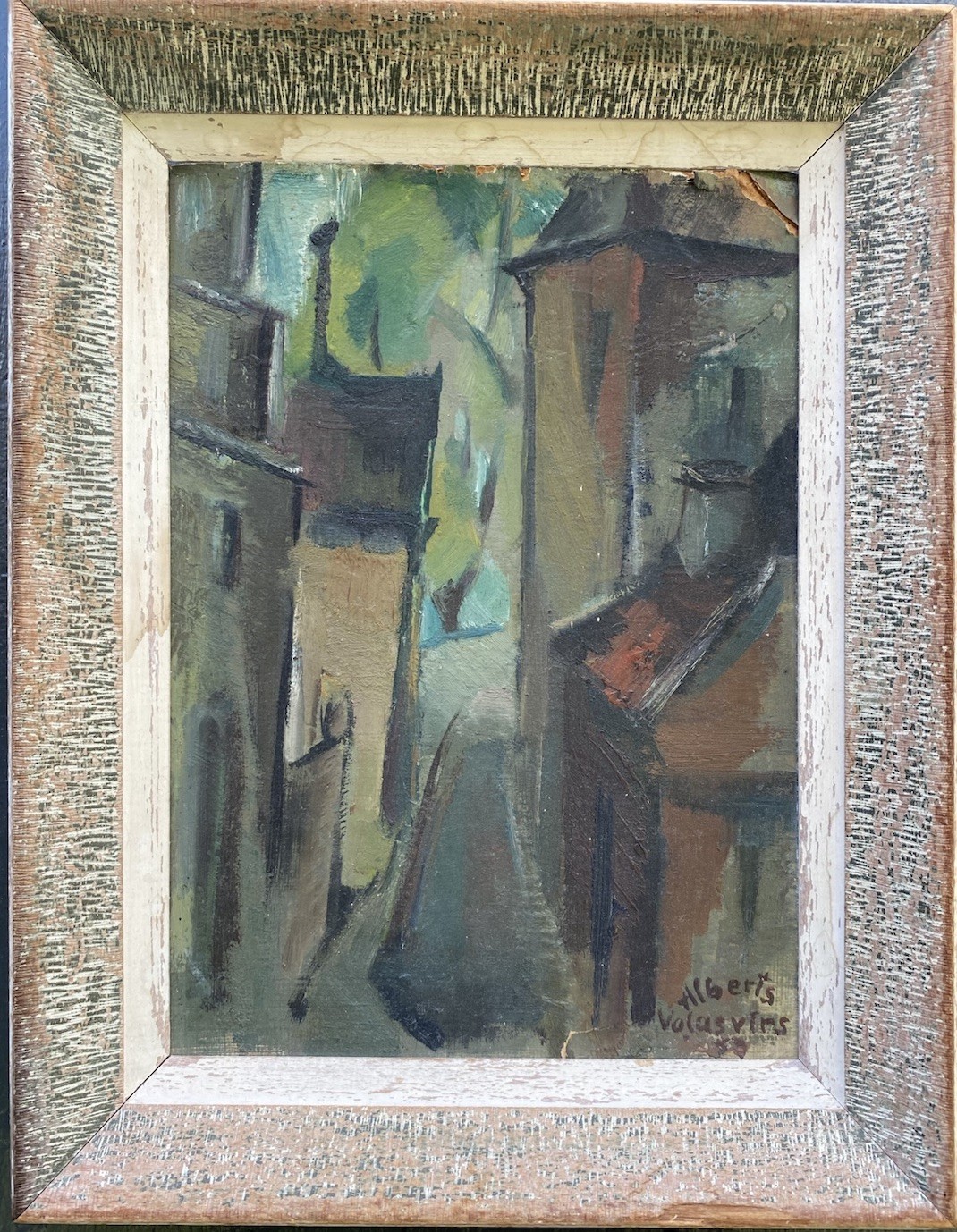 1953 Swedish Modernist Street Scene Oil Painting Signed Alberts Volasvirs