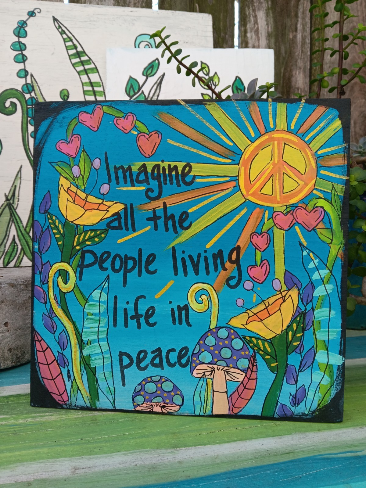 John Lennon Imagine Lyric Painting on 10 x 10″ wood panel, Living Life In Peace