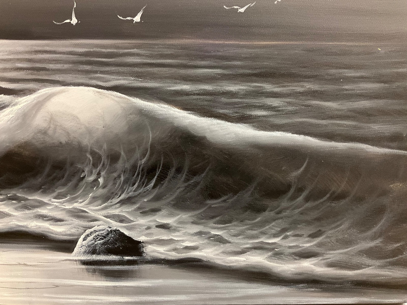 Original Oil Painting calming black and white seascape, bright white moon 24×36