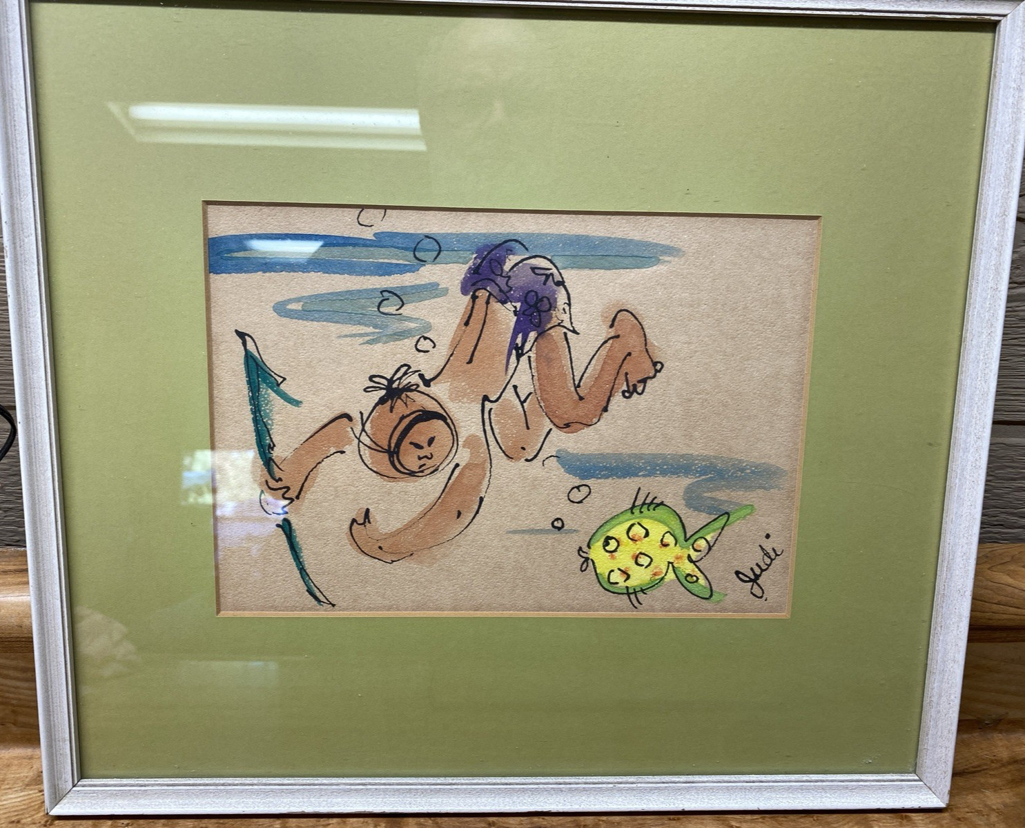 Original Painting 16″ x 14″ Framed Artwork Watercolor Water Man Diving Fish Judi