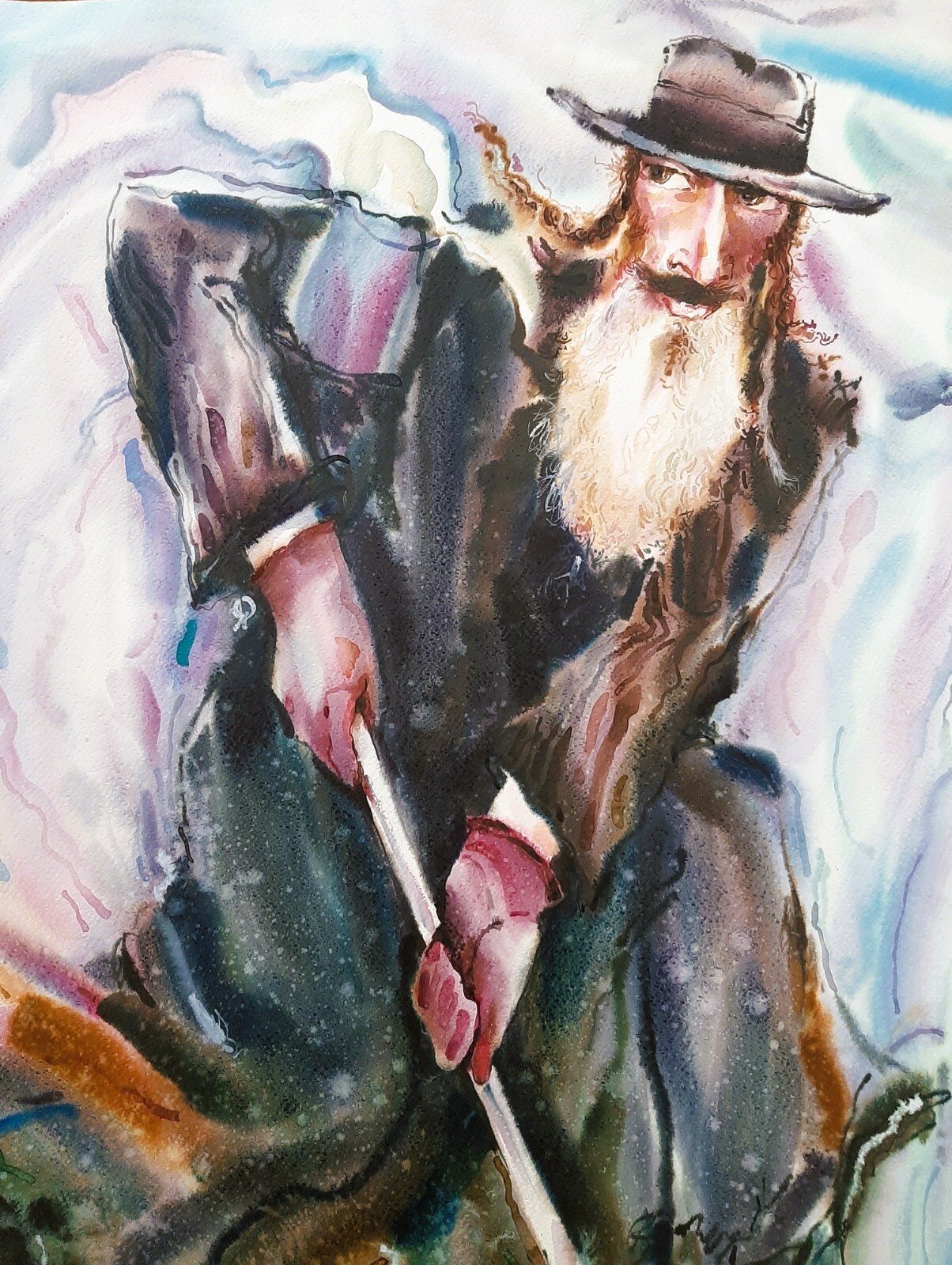 ALEXANDER KLEVAN (1950-), Huge Watercolor on Paper, Hockey Player, Signed