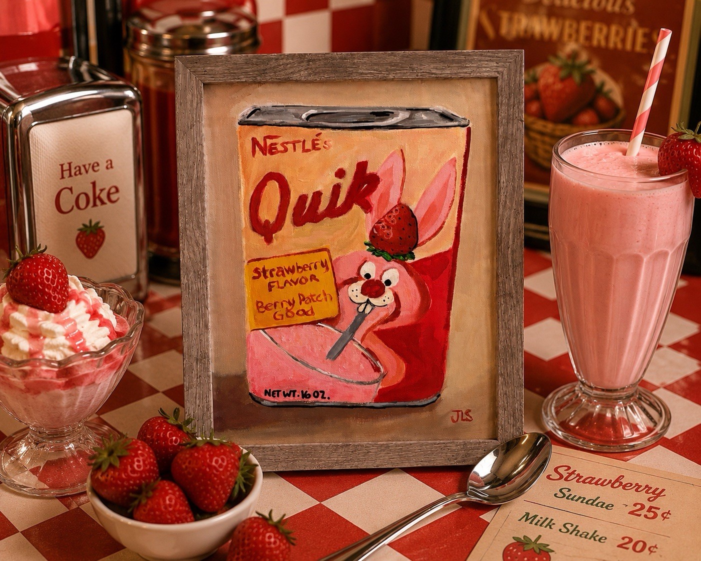 Strawberry Quik Art, Nostalgic Retro Food Painting Framed 11×14