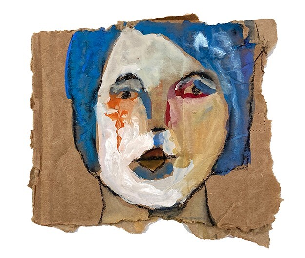 Original Outsider Cardboard Art Primitive Woman Blue Hair Portrait Painting Torn