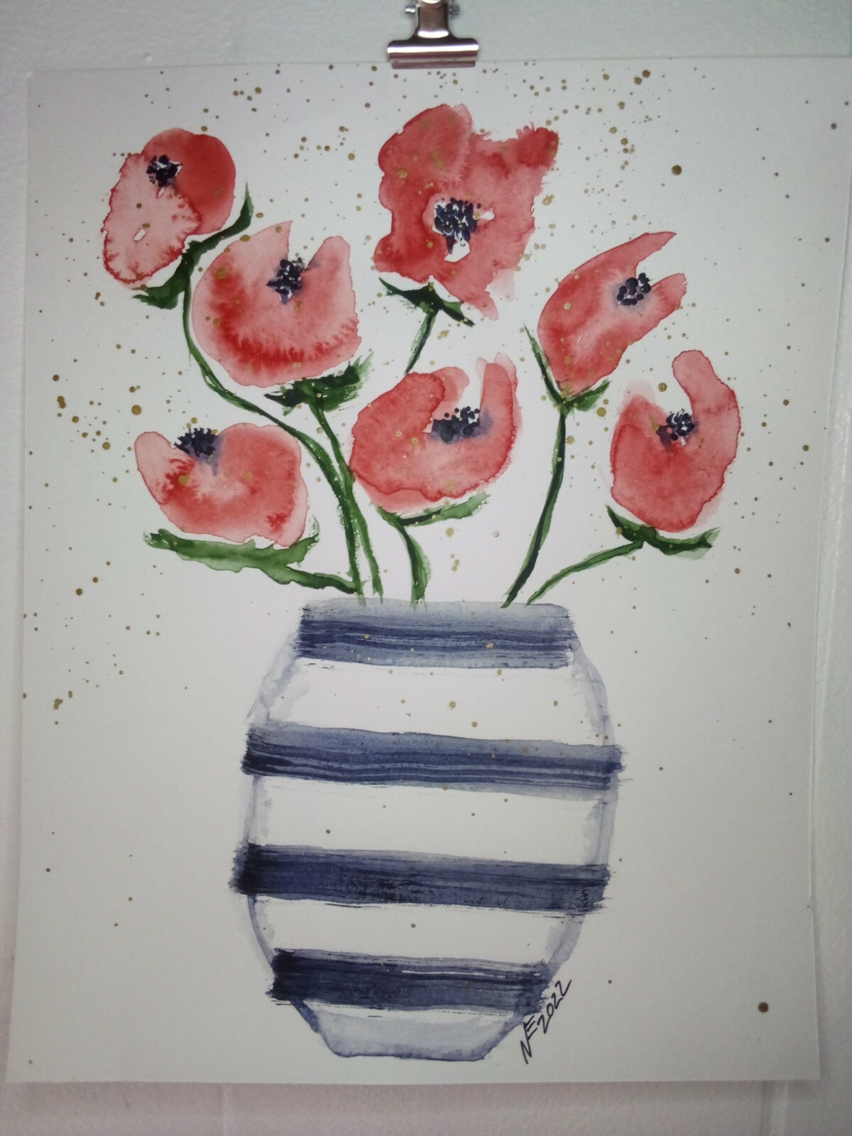 8×10 watercolor original painting botanical flower tulip floral poppy rose vase