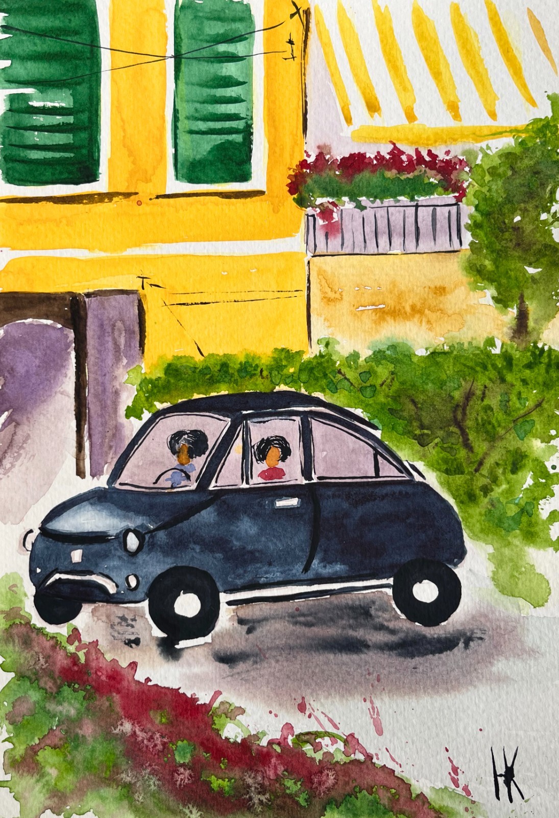 Car Amalfi Coast Original Watercolor Painting Italy Cityscape Landscape Art 9×12