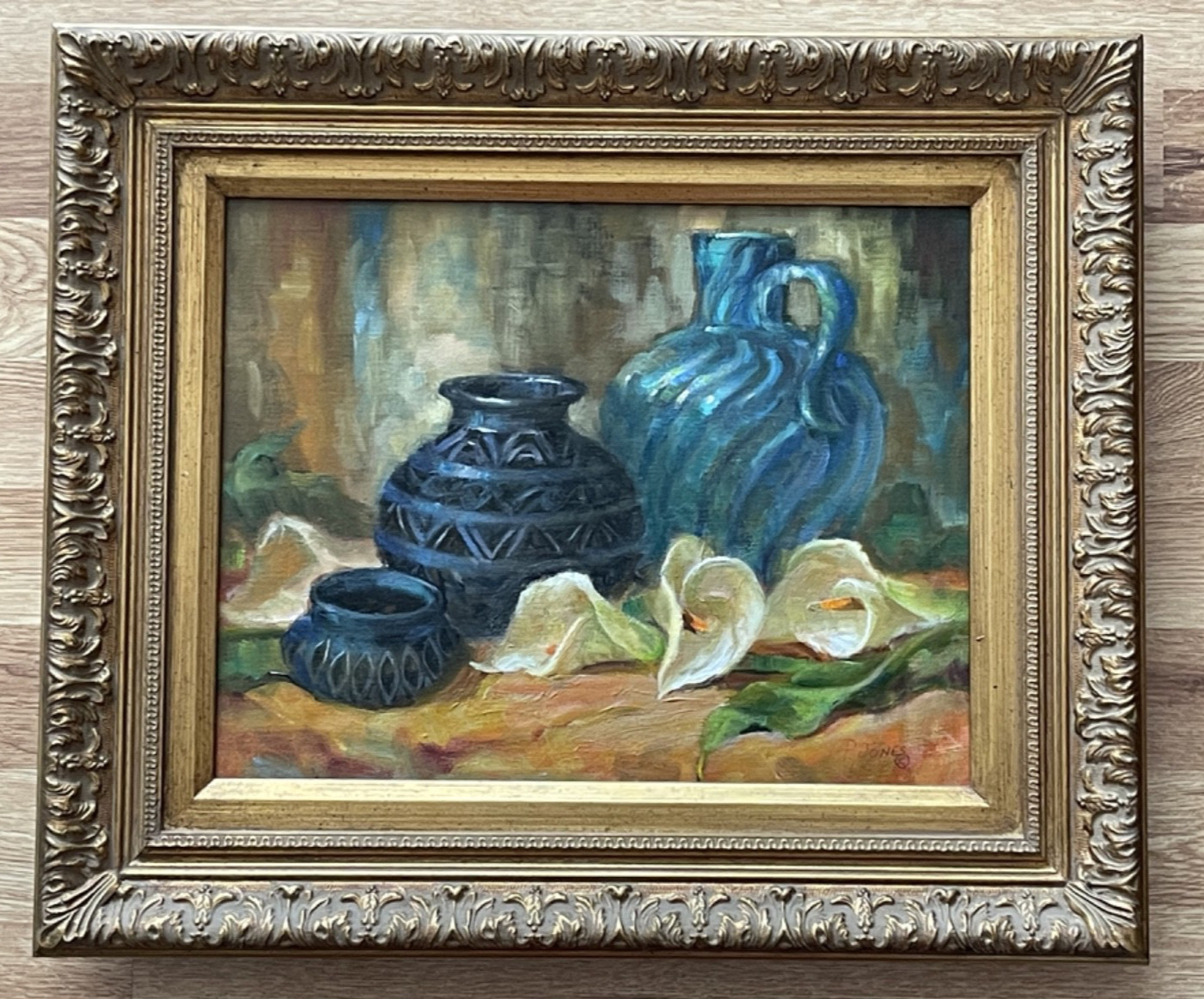 PEGGY JONES «DONA ROSA POTS» OIL PAINTING ON CANVAS FRAMED 16.5″ X 19.5″