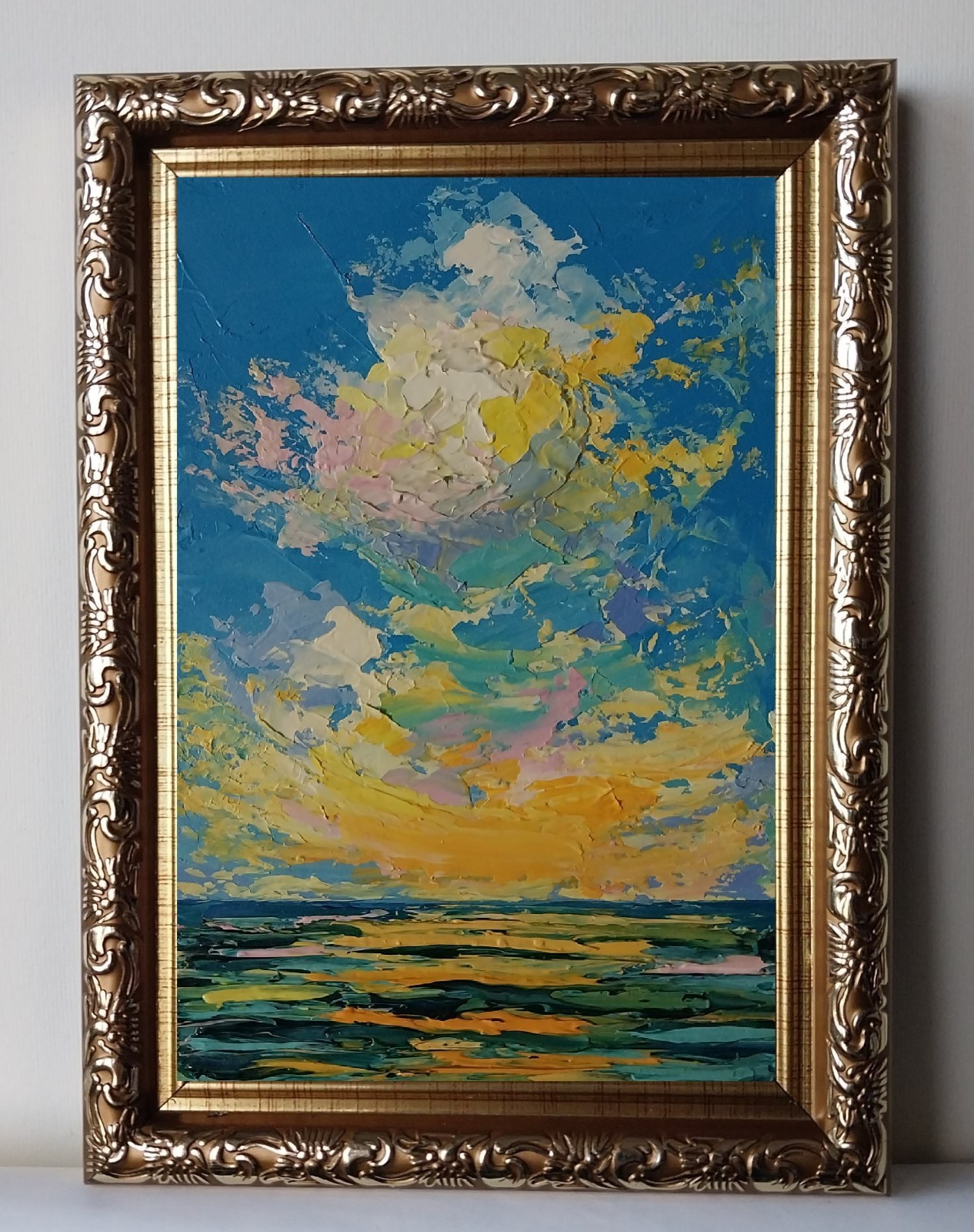 Framed Mini Seascape Golden Sunset Clouds Evening Sea 4×6” Original Oil Painting
