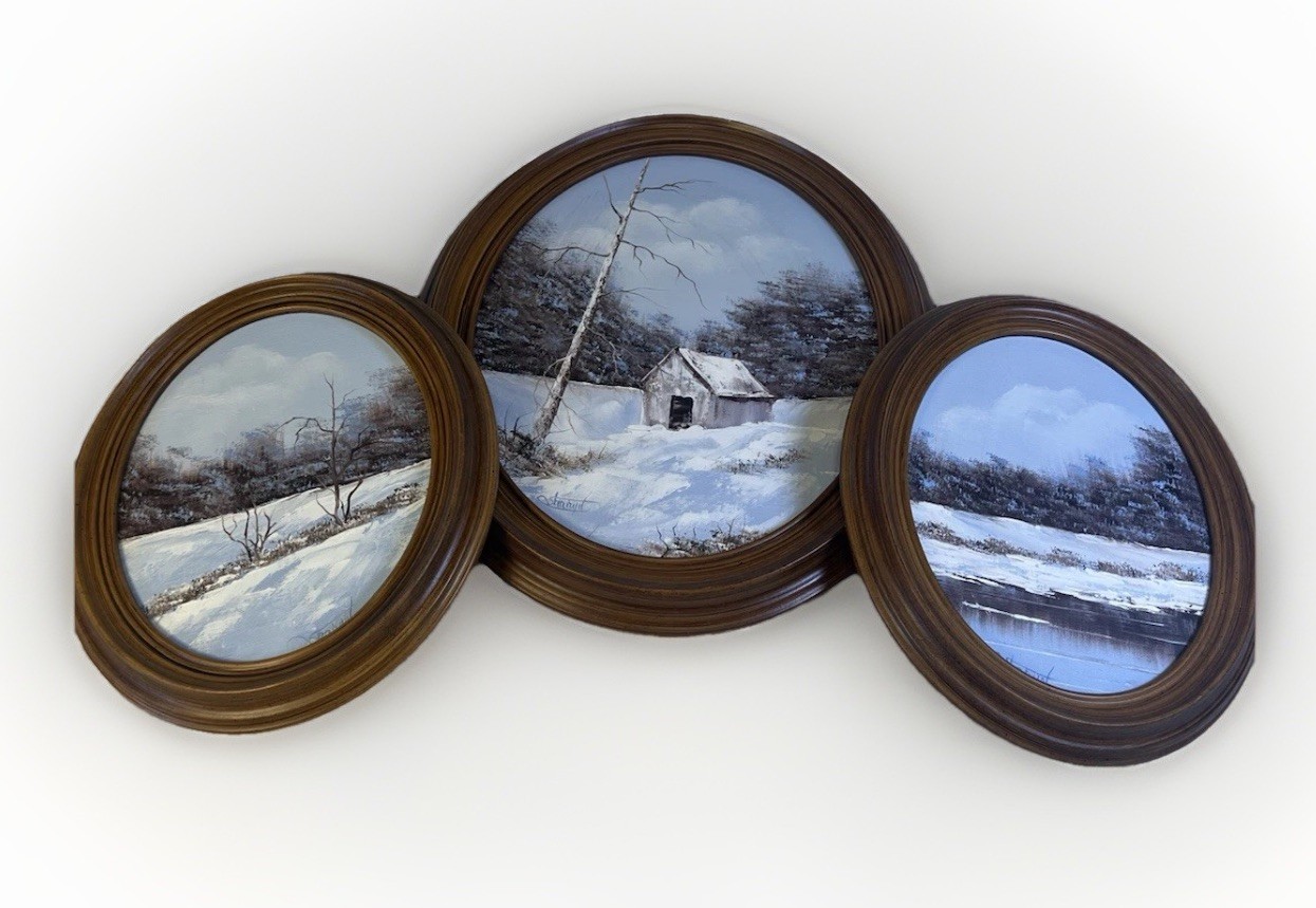 Painting Landscape Snow Scene Rustic Cabin Set of 3 Oval Framed Winter Decor