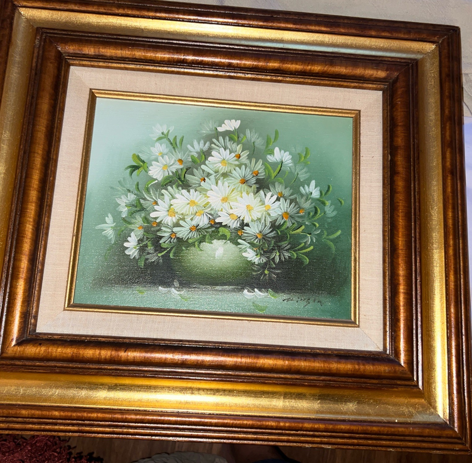 Original Oil Painting Art White Daisies in Vase Signed but unable to identify