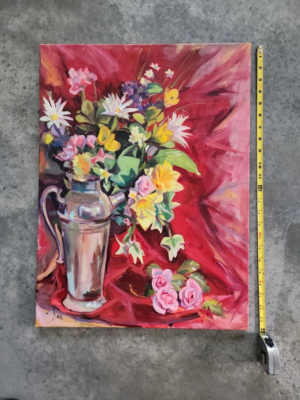 Oil On Canvas Still Life Of Flowers Signed Illegibly 23 1/2 X 17 1/2 Inches.