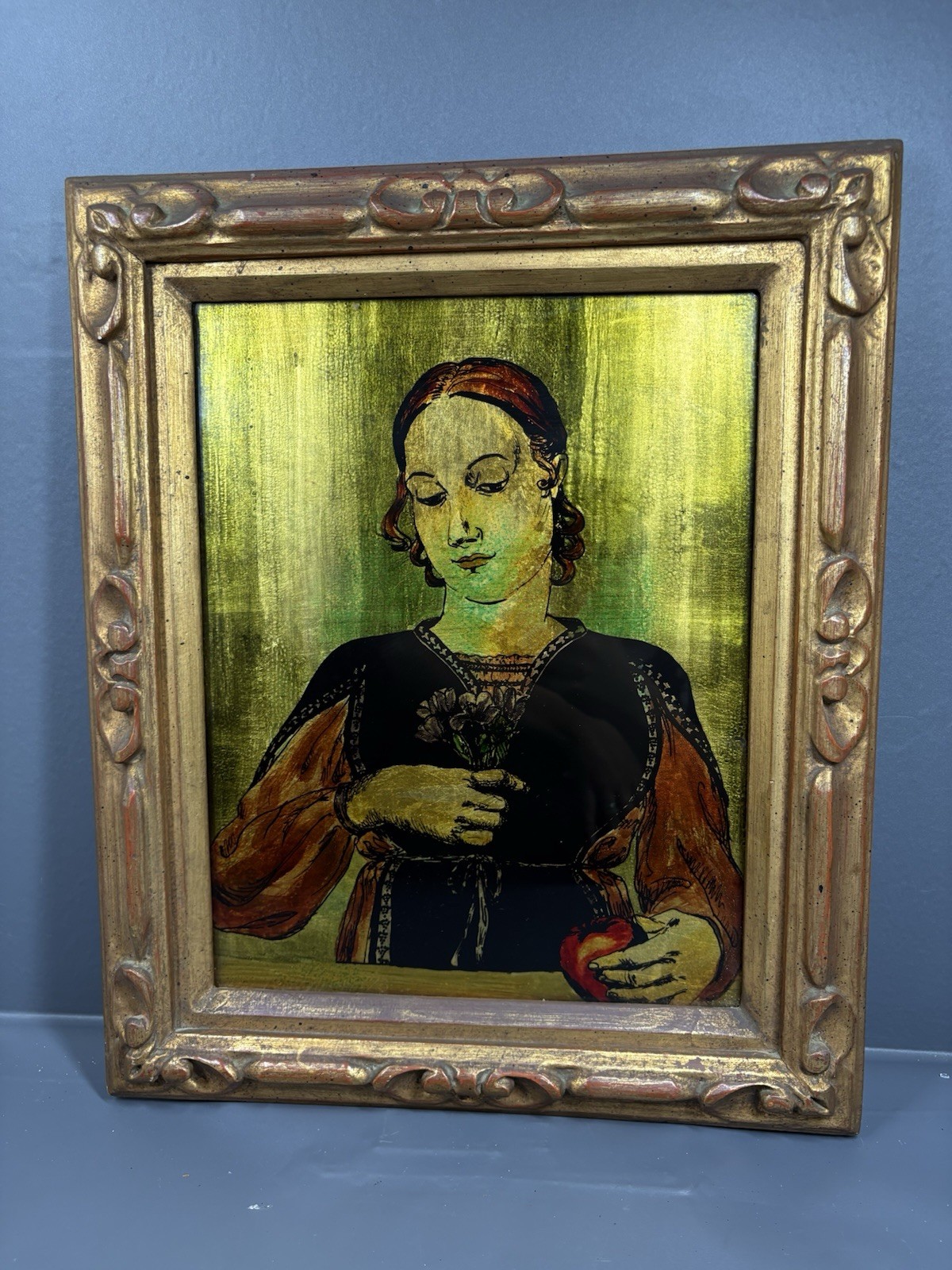 Vintage Italian Reverse Glass Painting Portrait Woman With Flowers