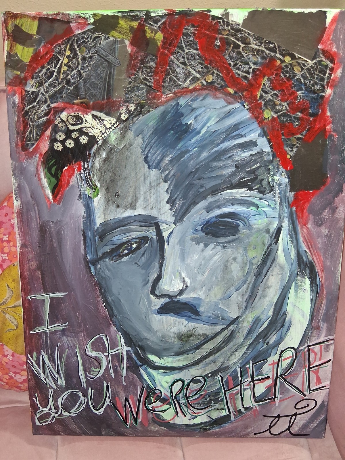 SAD GREIF LOSS DEATH MIXED MEDIA PAINTING. TRIPPY