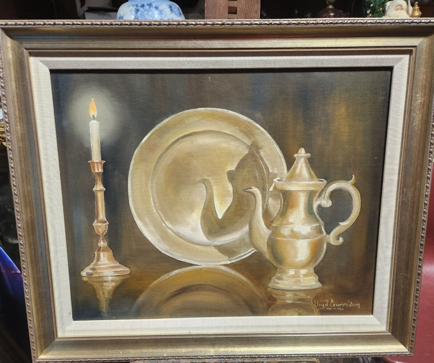 FRAMED LLOYD GARRISON ORIGINAL OIL PORTRAIT STERLING SILVER SERVICEWARE RUSTIC