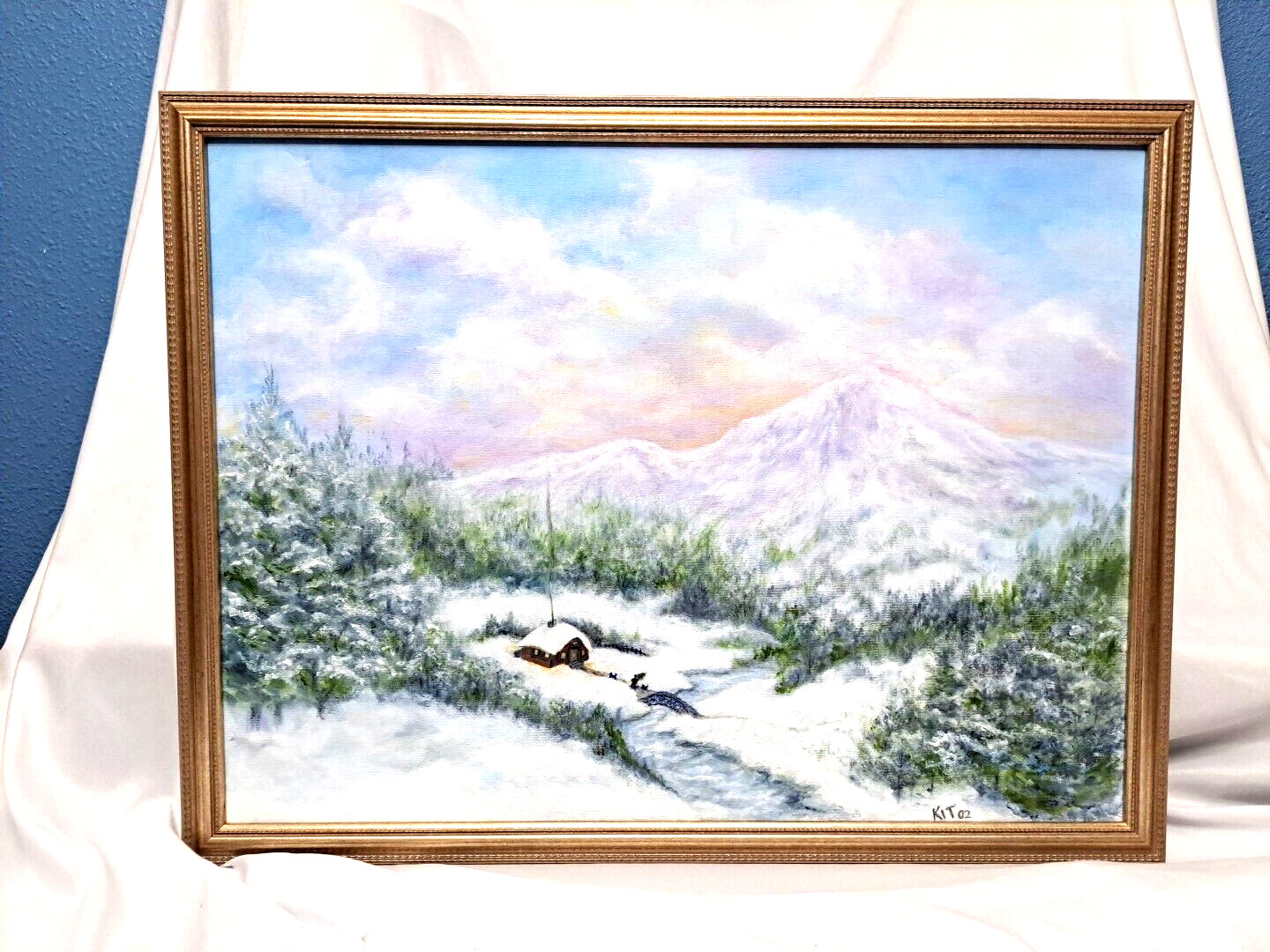 Vintage Original Oil Painting Signed Framed Log Cabin In Snow Covered Forest