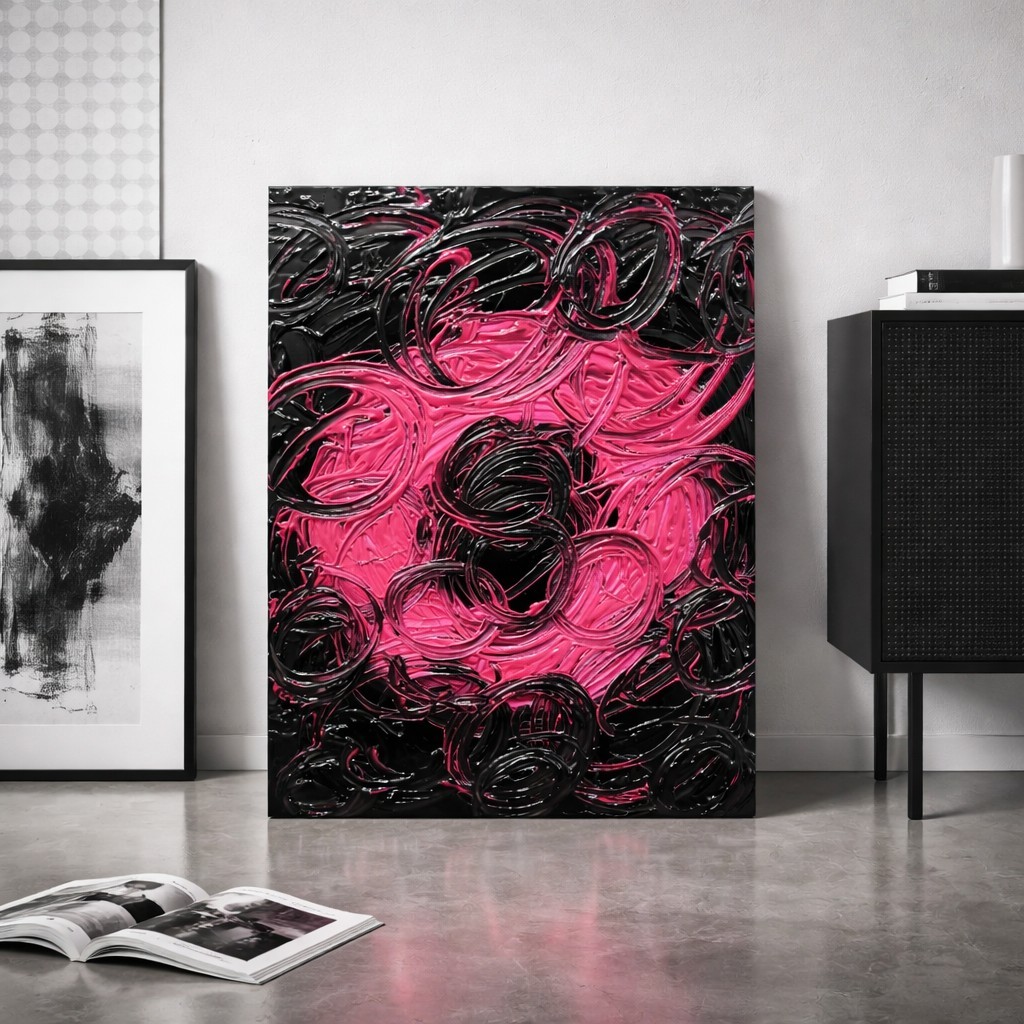 Trey Coppland, Circle of Life Abstract Painting, Pink & Black, 24+30 inch,2026