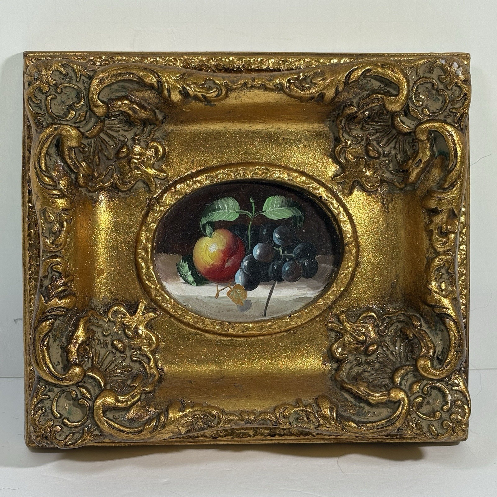 Vintage Miniature Fruit Still Life Oil Painting Small Ornate Gold Frame 8×7″
