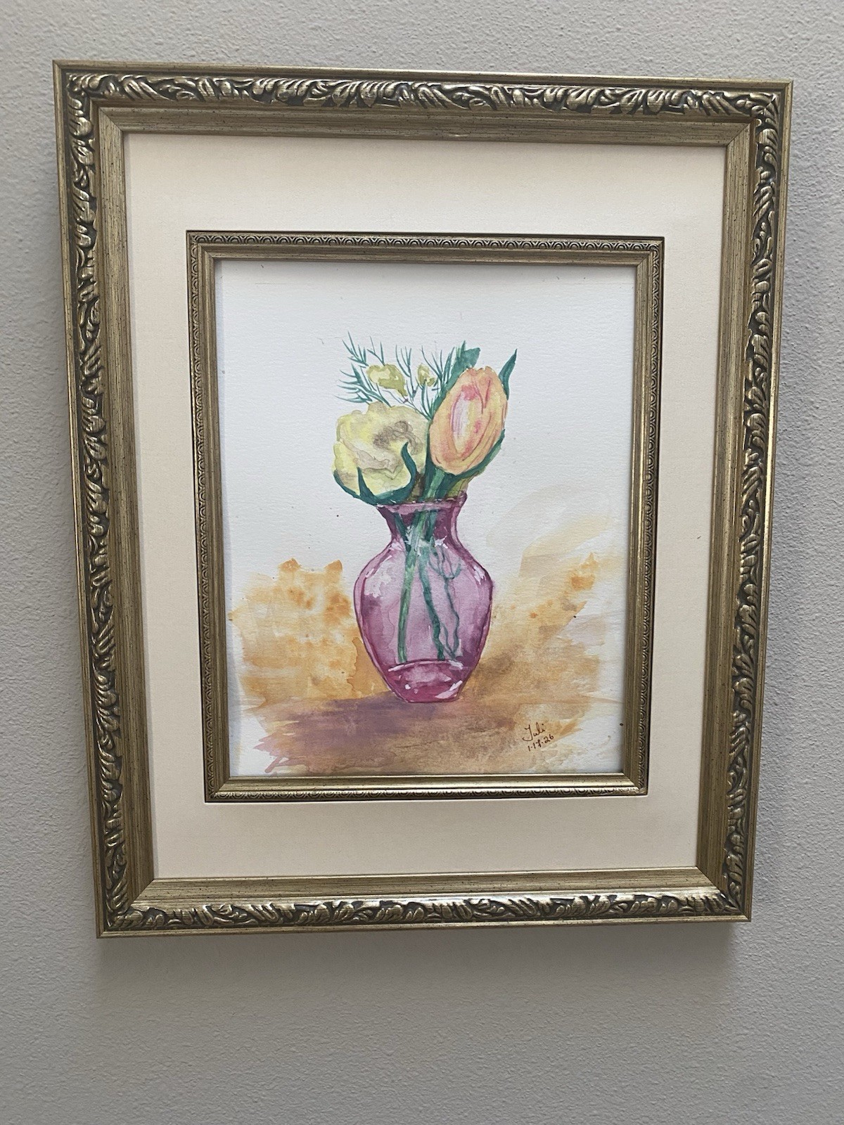 Original Painting 8×10″ Flowers Bouquet Watercolor Glass Vase Tulips Floral