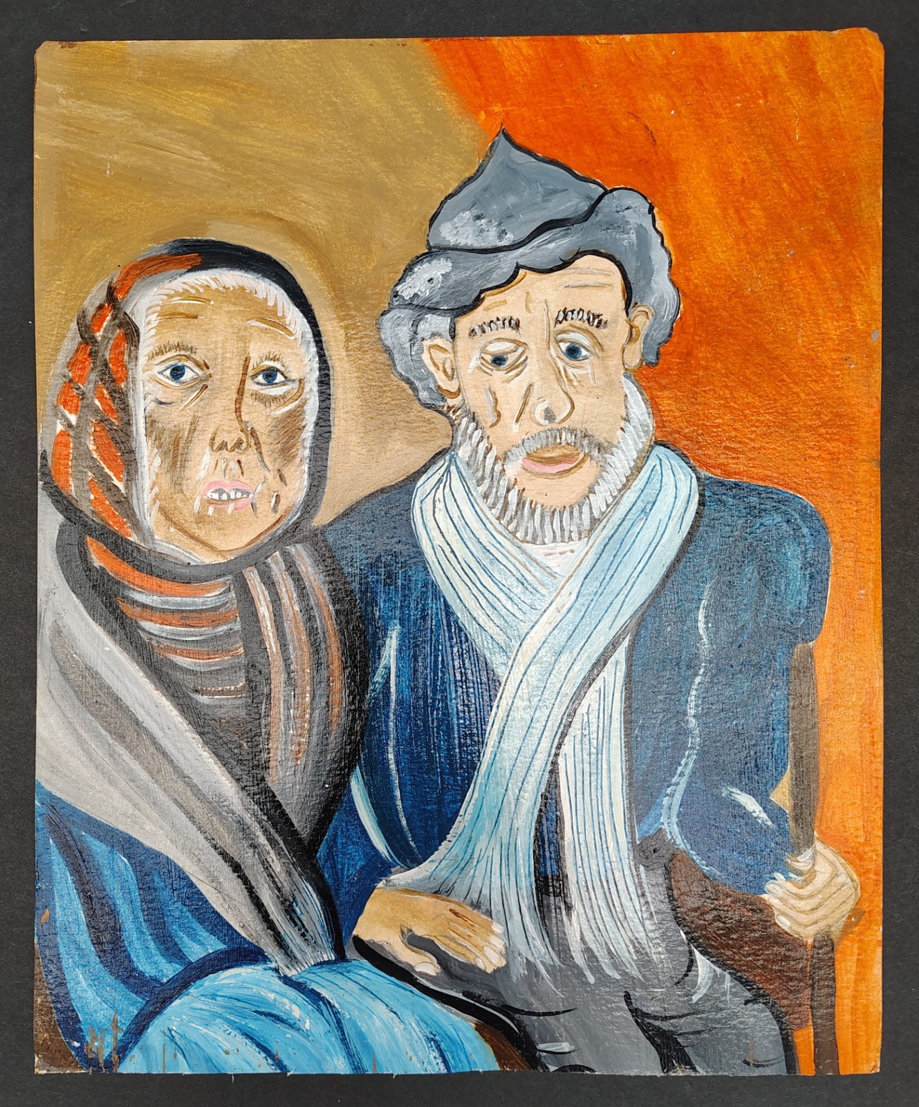 Connie Kane oil painting on paper folk art portrait elderly man & woman outsider