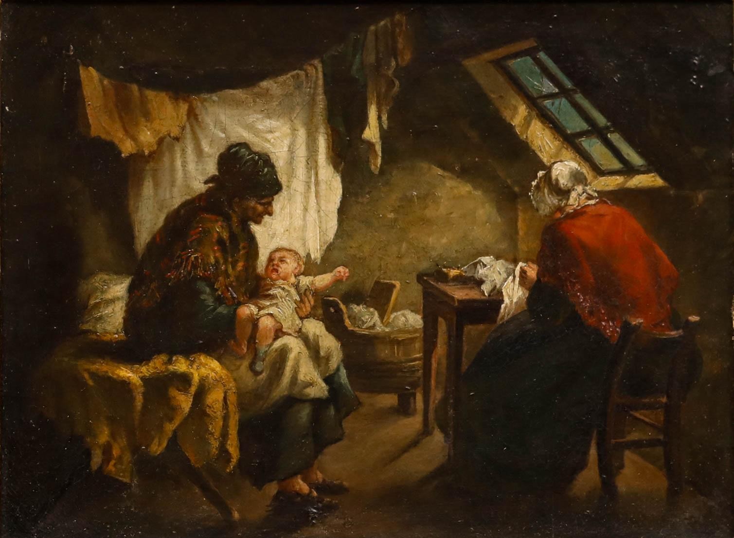 Framed 19th Century Oil – Interior Scene with Women and Baby