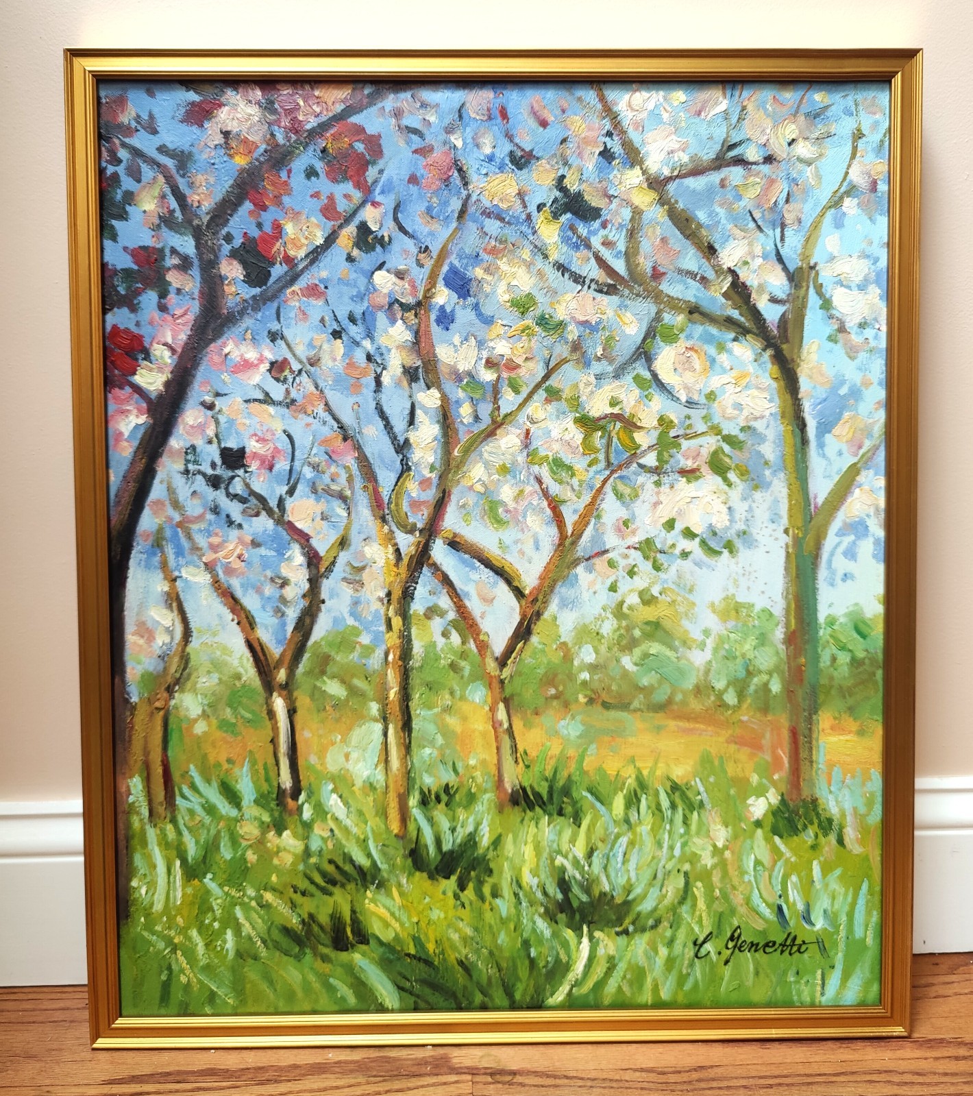 Impressionist Oil on Canvas Painting Flowering Tree Grove Landscape Vintage