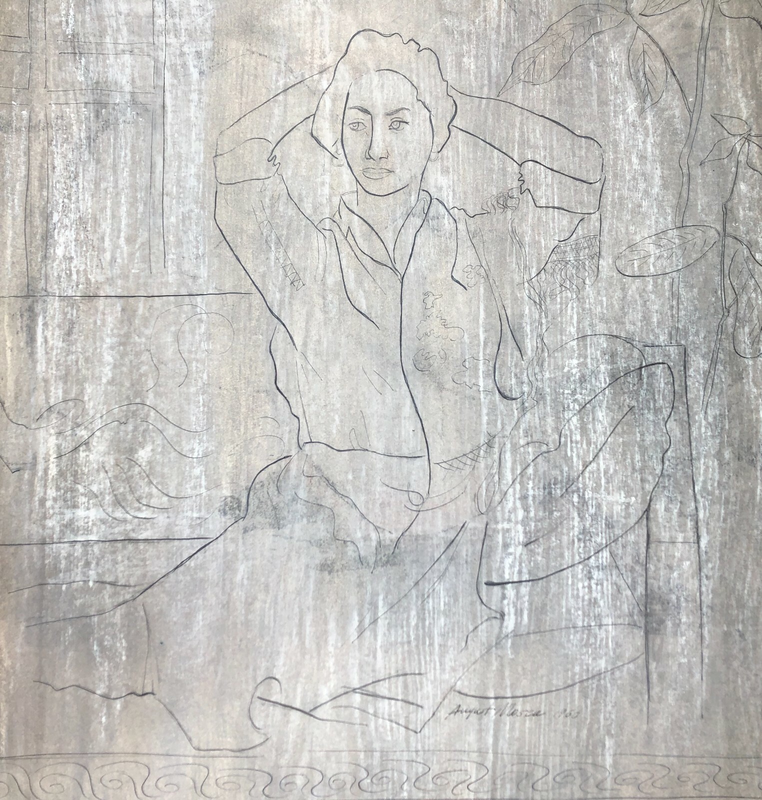 Woman in Shirt Dress & Plant-Oil Crayon&Pencil Drawing-Matisse-like1960-A. Mosca