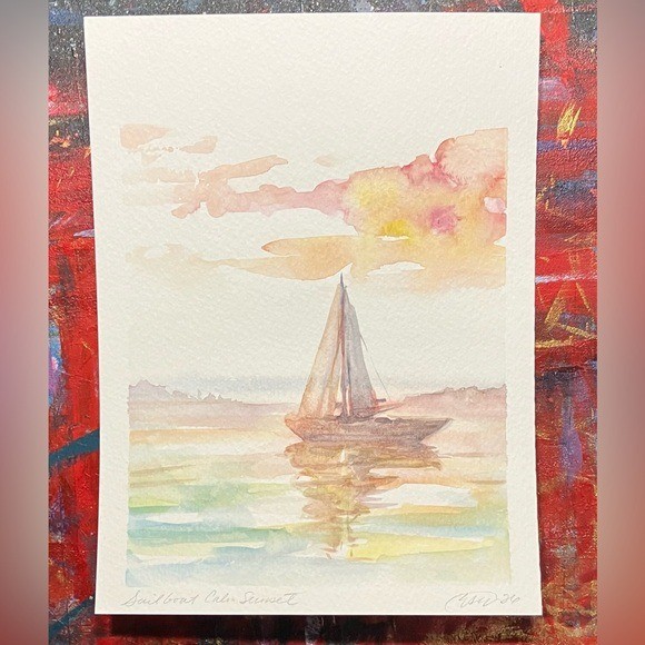 Sailboat Sunset Original Painting schooner art ocean marine nautical Artettina