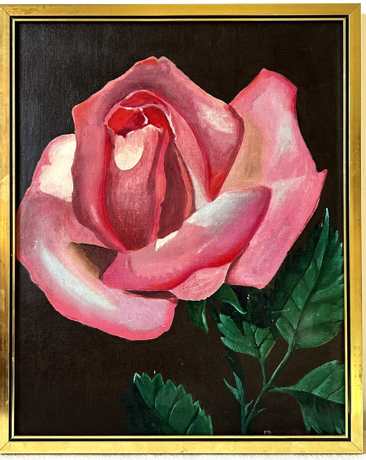 Vtg MCM – Pink Rose Study – Oil On Canvas Painting 21×17» Signed