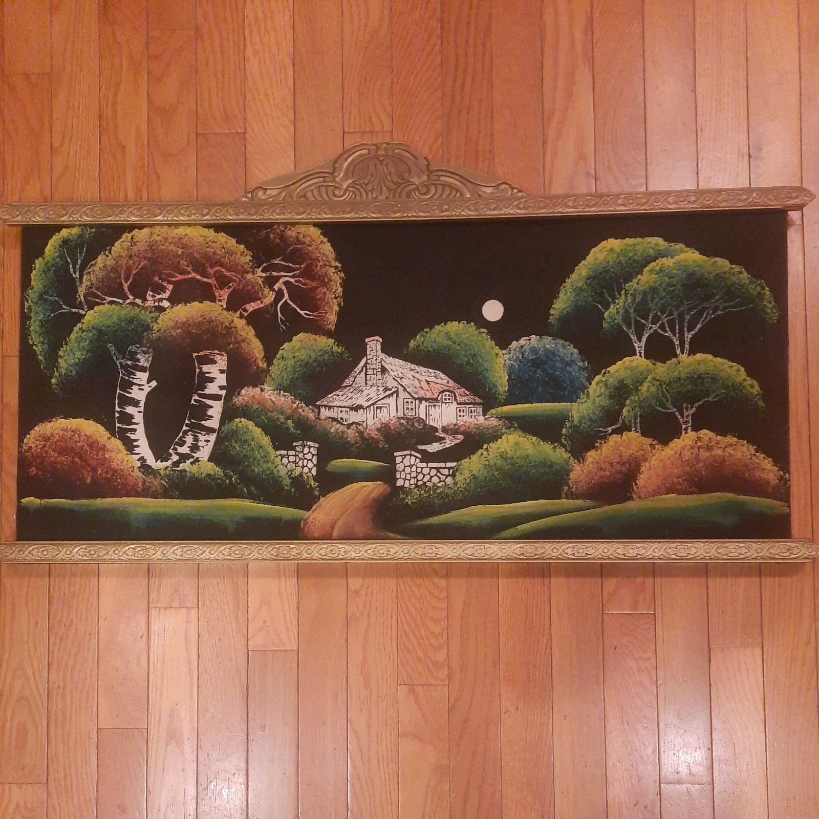 Antique Painting Black Velvet Cottage Landscape Wood Hang Rails Country Home