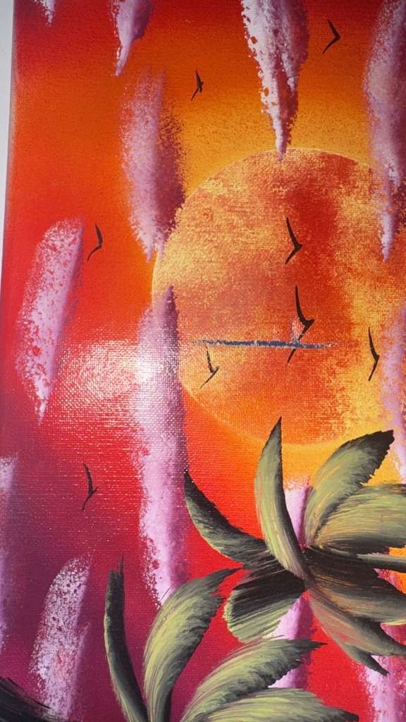 Tropical Sunset Waterfall Palm Tree Acrylic Canvas 20×16 AS-IS