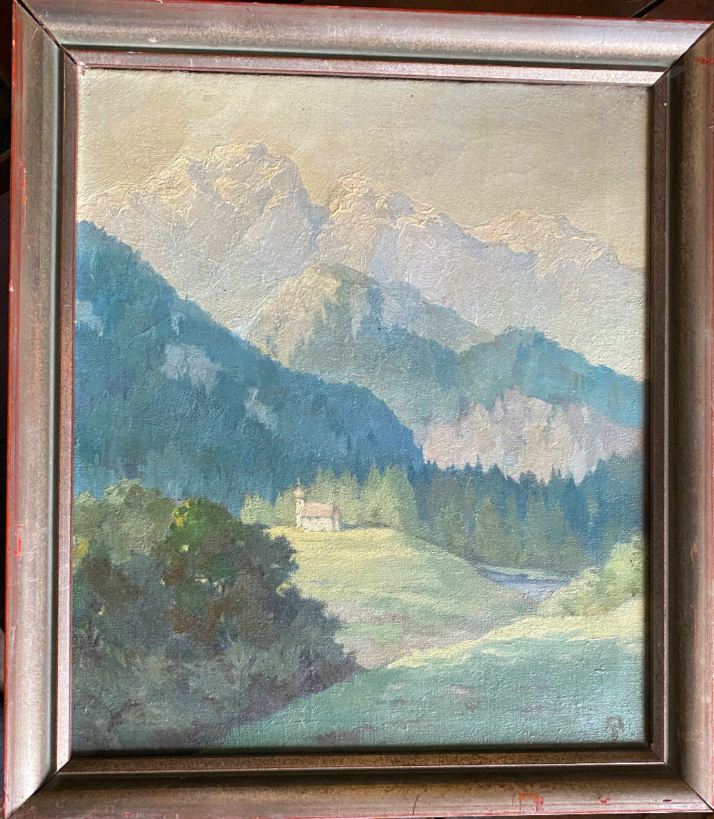 Oil Painting Undeutl.monogr. Band Before Mountain Alps Valley Fir Forest
